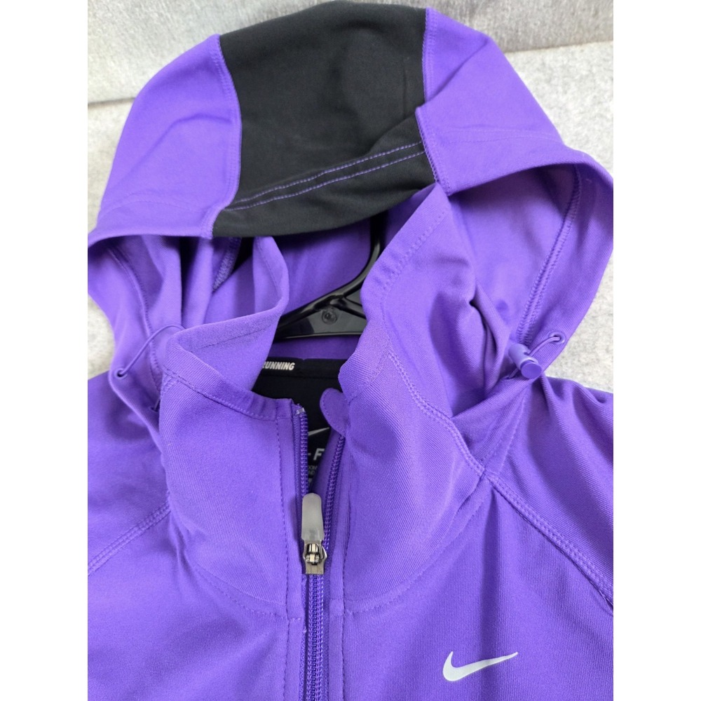 Nike Running Dri Fit Jacket Womens L Purple Full Zip Hooded Reflector Strip